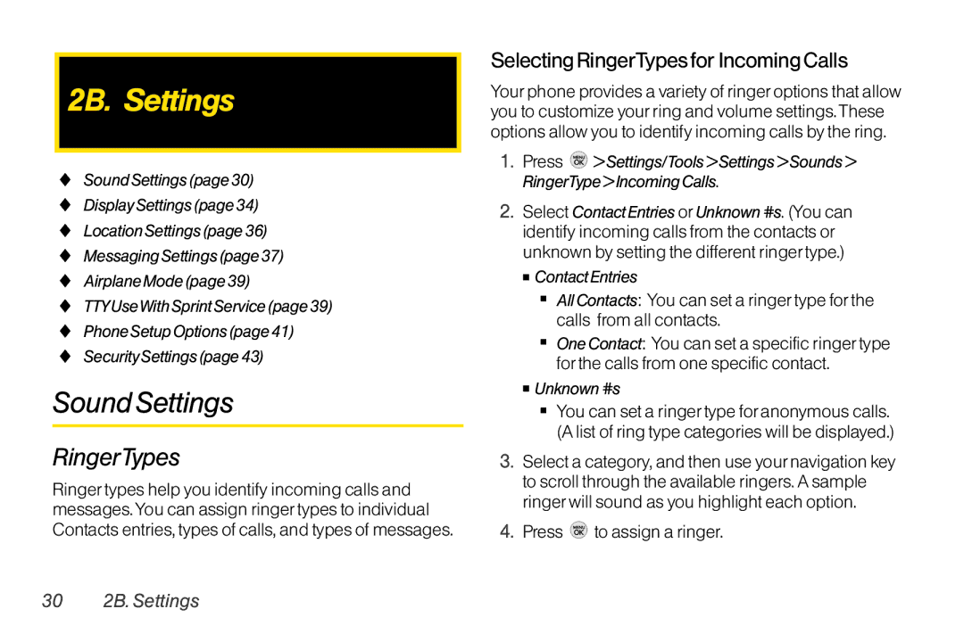 TOA Electronics LG LX290 manual Sound Settings, Selecting RingerTypesfor Incoming Calls, 30 2B. Settings 