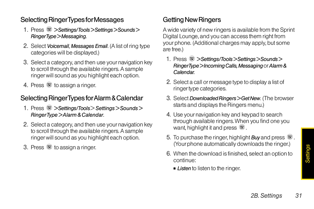 TOA Electronics LG LX290 Selecting RingerTypes forMessages, Selecting RingerTypes forAlarm & Calendar, Getting New Ringers 