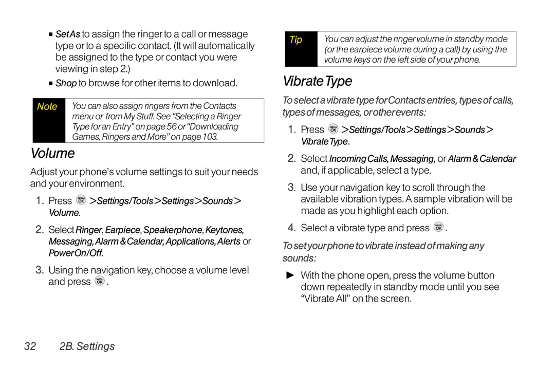 TOA Electronics LG LX290 Volume, VibrateType, Using the navigation key, choose a volume level and press, 32 2B. Settings 