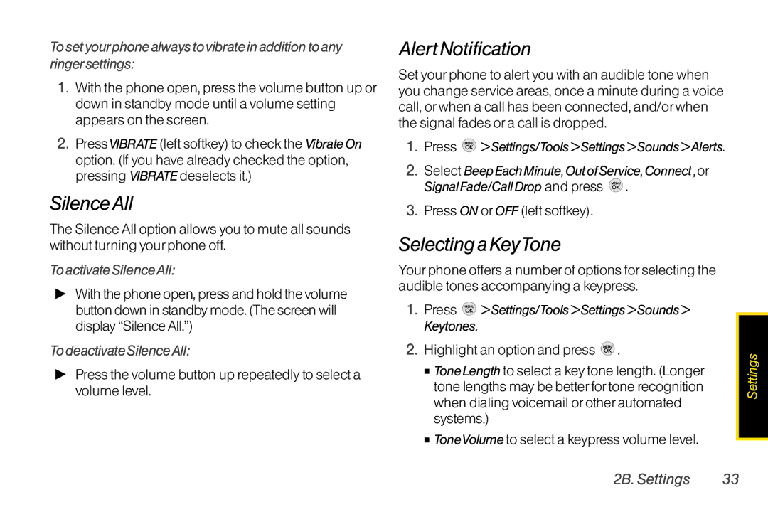 TOA Electronics LG LX290 Alert Notification, Selecting a KeyTone, To activate SilenceAll, To deactivate SilenceAll 