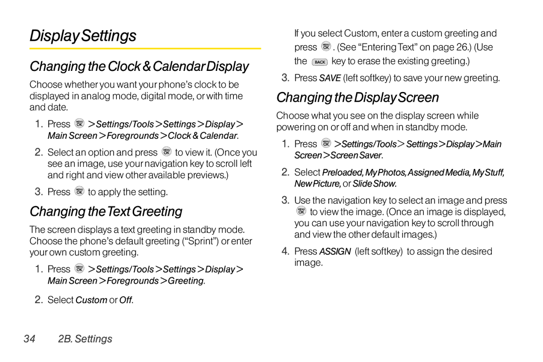 TOA Electronics LG LX290 Display Settings, Changing the Clock & CalendarDisplay, Changing theTextGreeting, 34 2B. Settings 