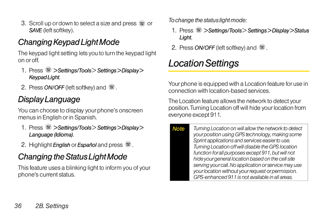 TOA Electronics LG LX290 Location Settings, Changing Keypad Light Mode, Display Language, Changing the Status Light Mode 