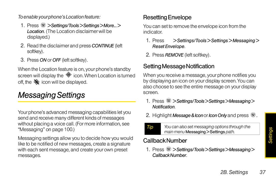 TOA Electronics LG LX290 manual MessagingSettings, Resetting Envelope, Setting Message Notification, CallbackNumber 