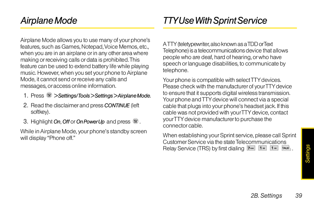 TOA Electronics LG LX290 manual Airplane Mode TTYUseWith Sprint Service, Press Settings/Tools Settings Airplane Mode 