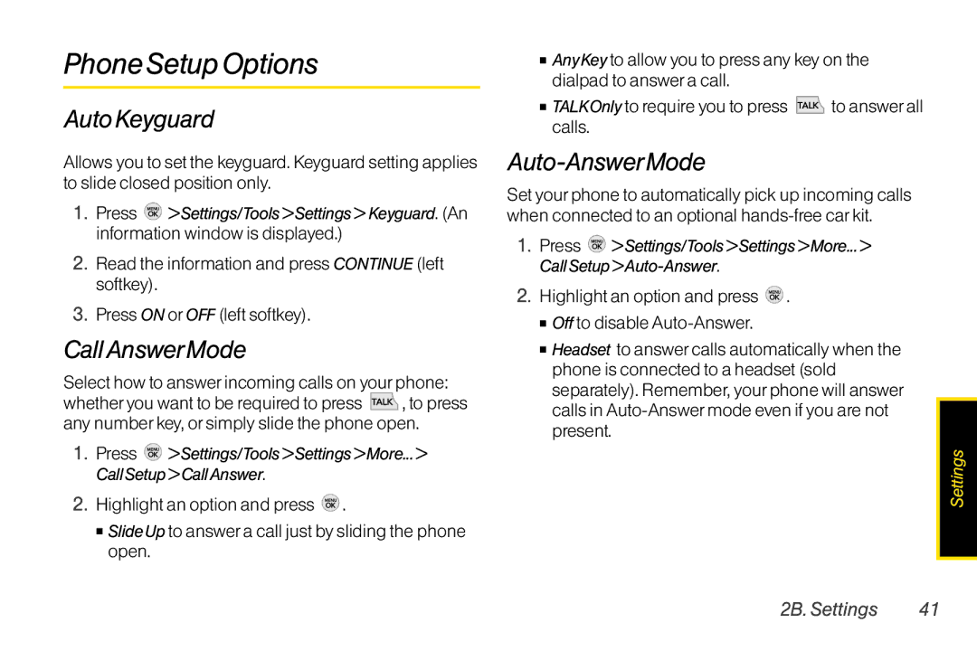 TOA Electronics LG LX290 manual Phone Setup Options, Auto Keyguard, CallAnswerMode, Auto-AnswerMode 