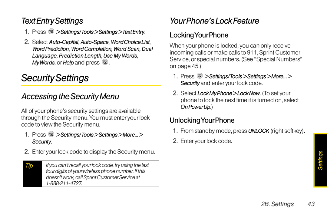 TOA Electronics LG LX290 SecuritySettings, Text Entry Settings, Accessing the Security Menu, YourPhone’s Lock Feature 