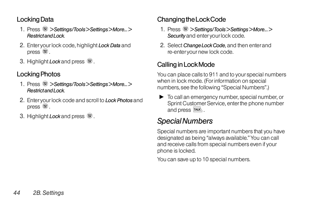 TOA Electronics LG LX290 manual Special Numbers, Locking Data, Locking Photos, Changing theLockCode, Calling in LockMode 