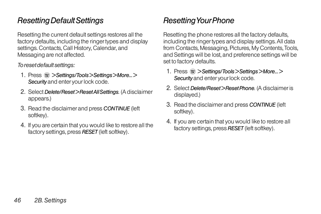 TOA Electronics LG LX290 manual Resetting Default Settings, ResettingYourPhone, To reset default settings, 46 2B. Settings 