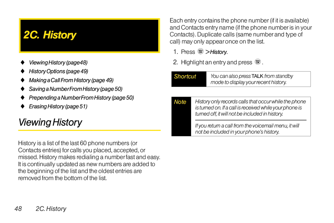 TOA Electronics LG LX290 manual Viewing History, HIghlight an entry and press, 48 2C. History, Press History 