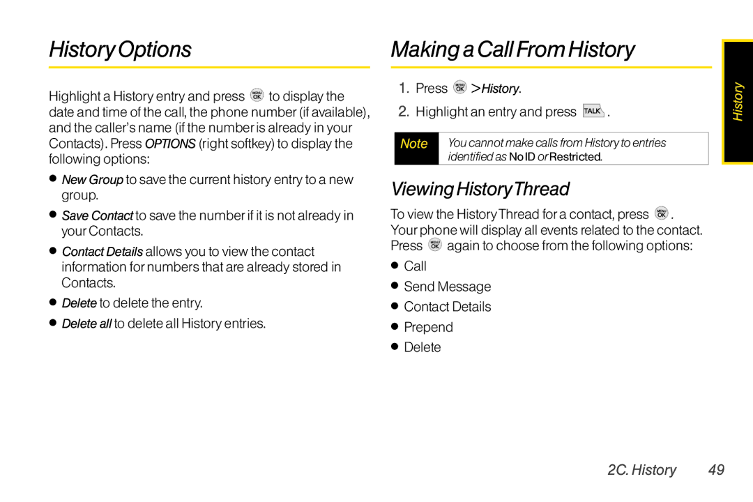 TOA Electronics LG LX290 manual History Options, Making a Call FromHistory, Viewing HistoryThread, 2C. History 