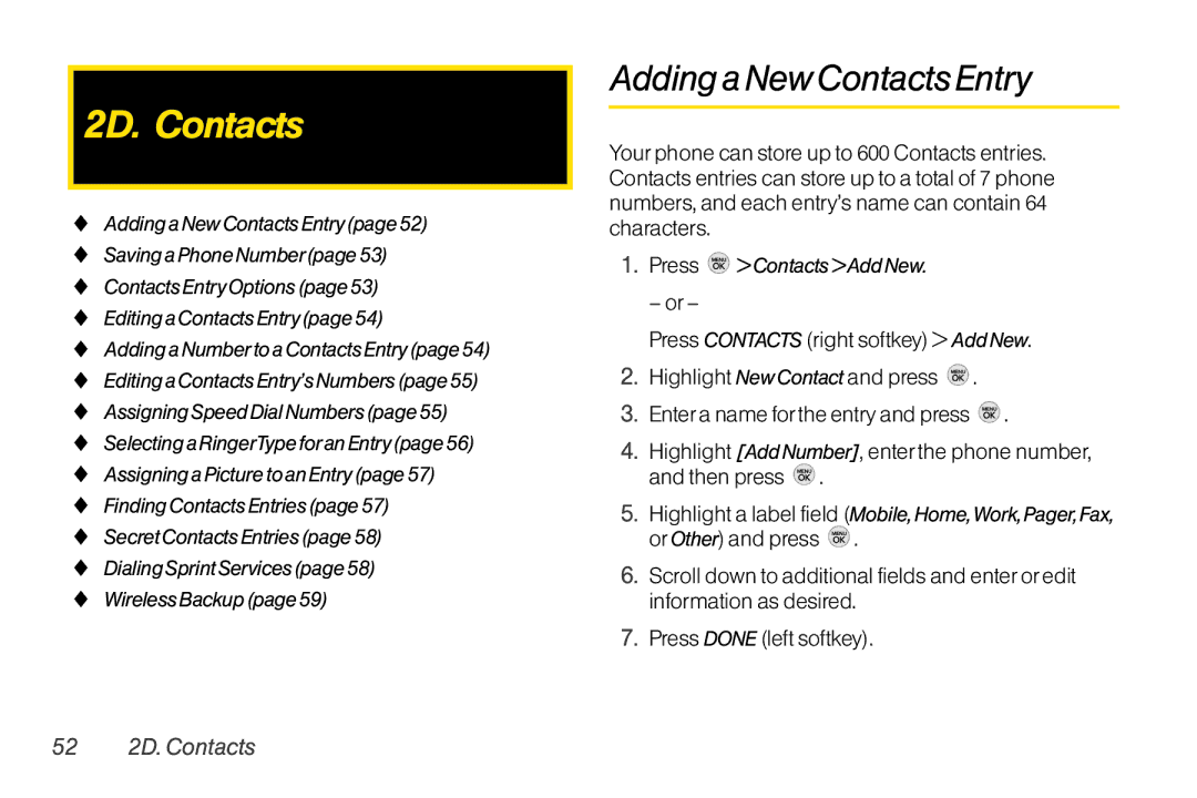 TOA Electronics LG LX290 manual Adding a New Contacts Entry, 52 2D. Contacts, Press Contacts Add New 