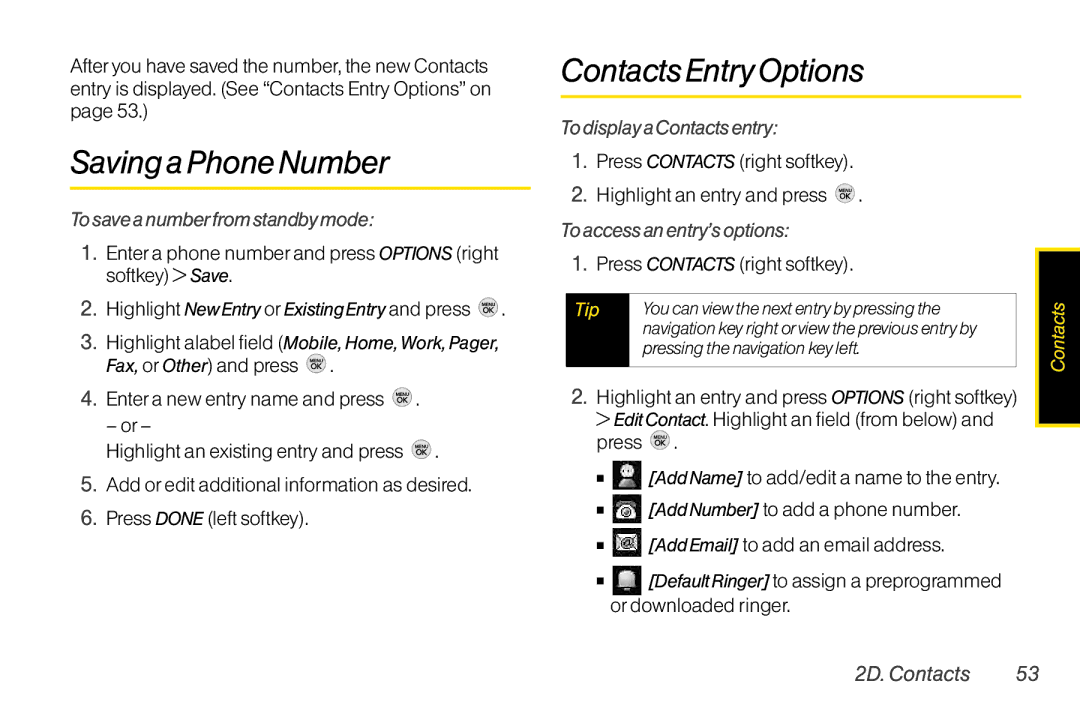 TOA Electronics LG LX290 manual Saving a Phone Number, Contacts Entry Options, To display a Contacts entry, 2D. Contacts 