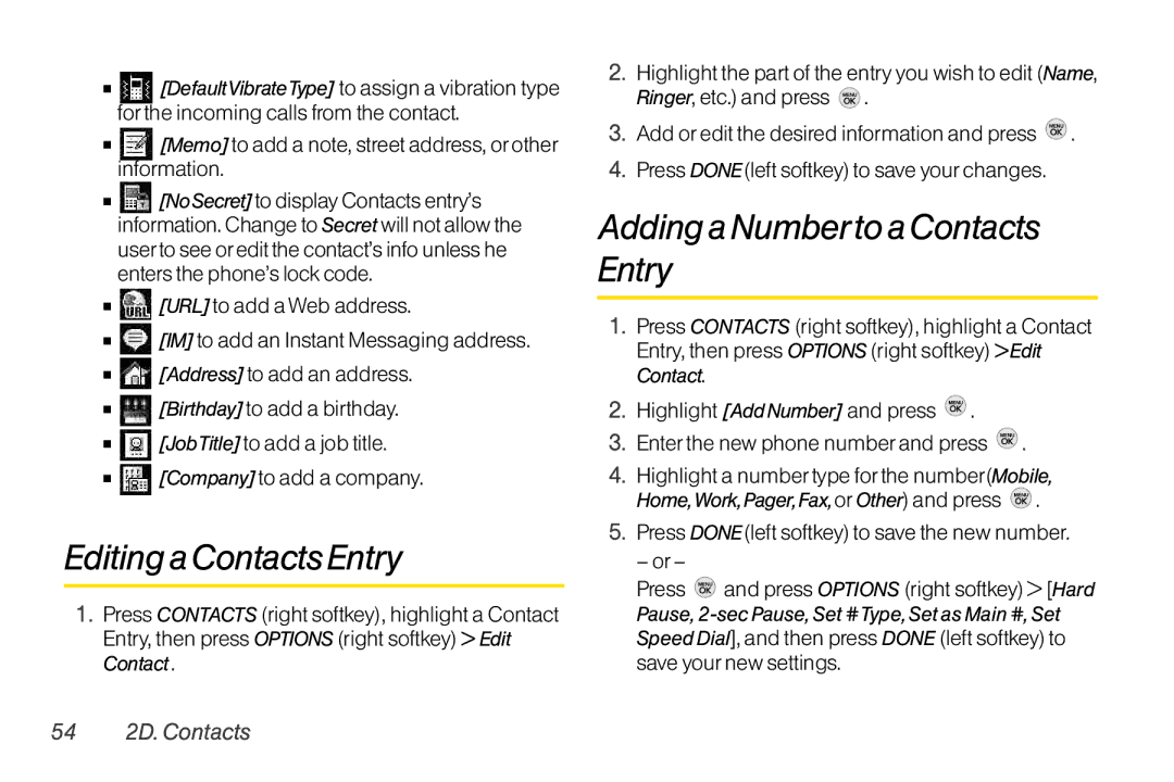 TOA Electronics LG LX290 manual Editinga Contacts Entry, Adding a Numberto a Contacts Entry, 54 2D. Contacts 