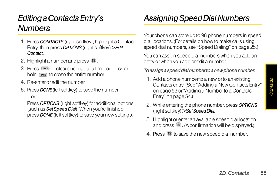 TOA Electronics LG LX290 manual Editing aContacts Entry’s Numbers, AssigningSpeed Dial Numbers 