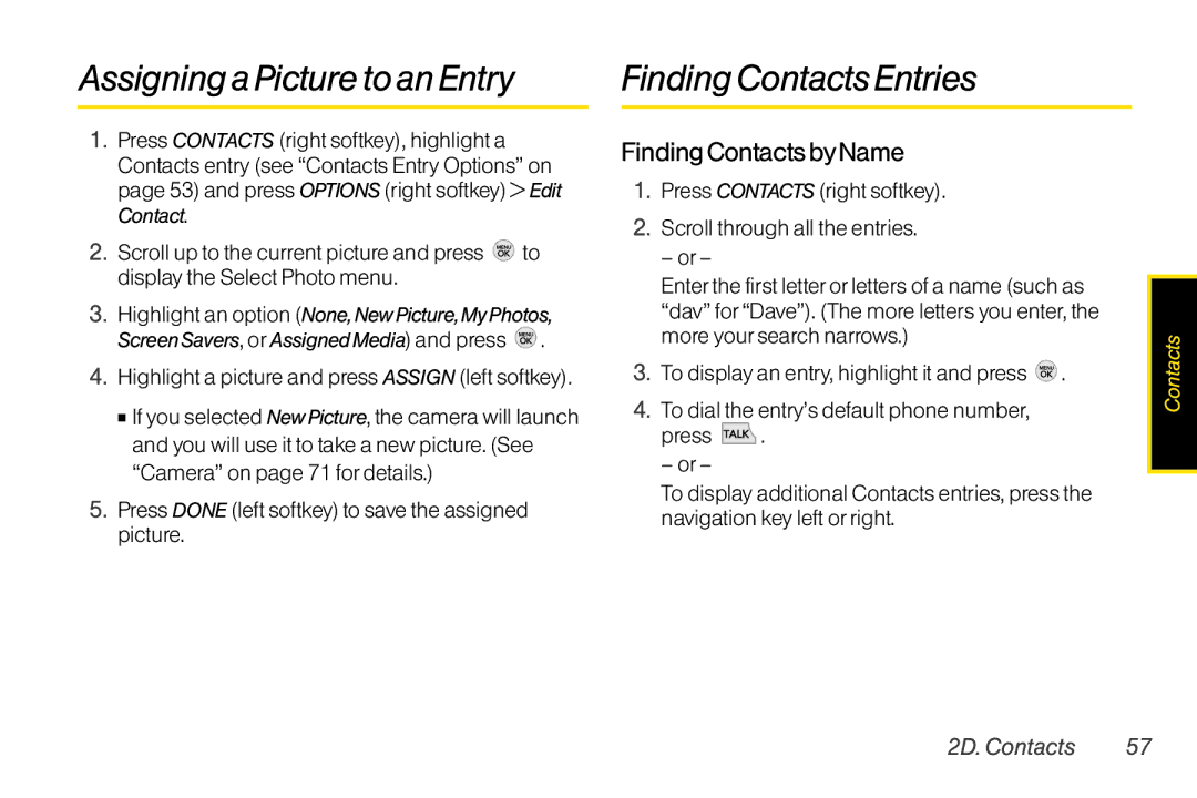 TOA Electronics LG LX290 manual Assigninga Picture to an Entry, Finding ContactsEntries, Finding Contacts byName 