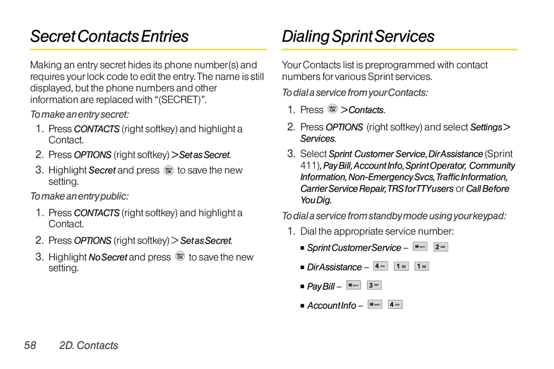 TOA Electronics LG LX290 manual Secret ContactsEntries Dialing Sprint Services 