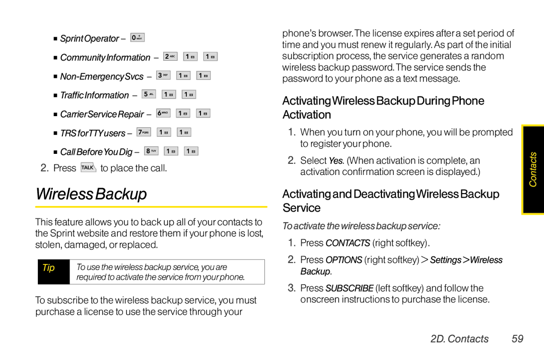 TOA Electronics LG LX290 ActivatingWireless Backup During Phone Activation, To activate the wireless backup service 