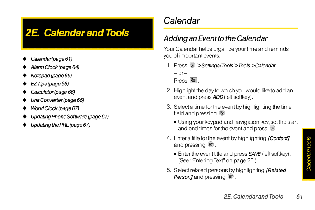 TOA Electronics LG LX290 manual 2E. Calendar and Tools, Addingan Event to the Calendar, 2E. Calendar andTools 