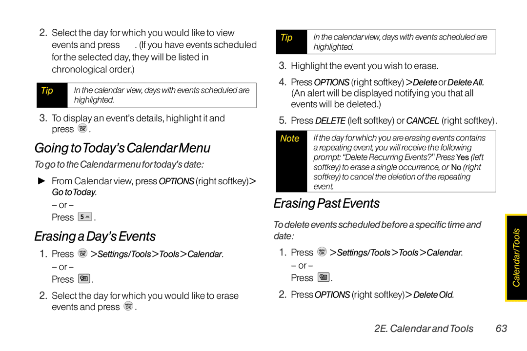 TOA Electronics LG LX290 manual Going toToday’s CalendarMenu, Erasing a Day’s Events, ErasingPast Events 