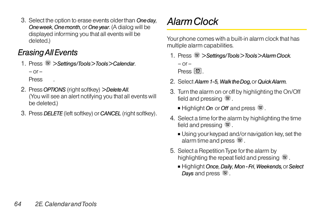 TOA Electronics LG LX290 manual ErasingAll Events, 64 2E. Calendar andTools, Press Settings/Tools Tools Alarm Clock 