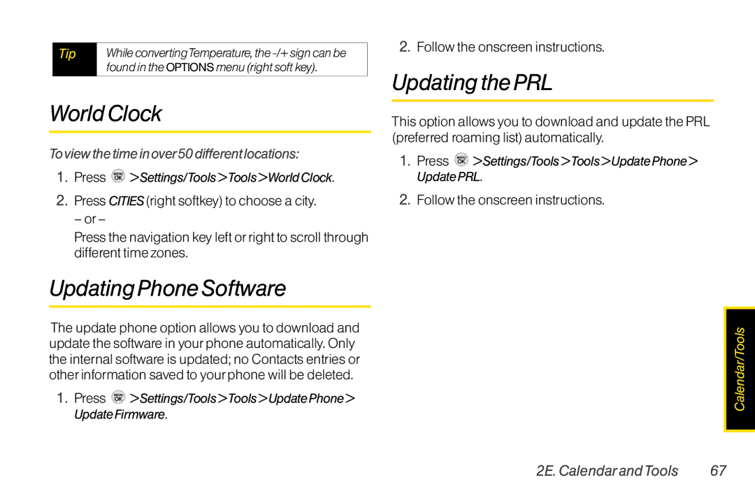 TOA Electronics LG LX290 manual World Clock, Updating PhoneSoftware, Updating the PRL, Follow the onscreen instructions 