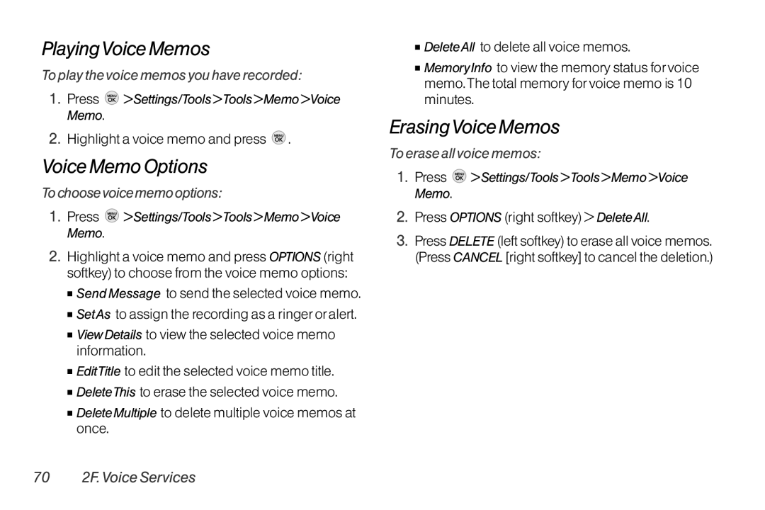 TOA Electronics LG LX290 manual PlayingVoice Memos, Voice Memo Options, ErasingVoice Memos 