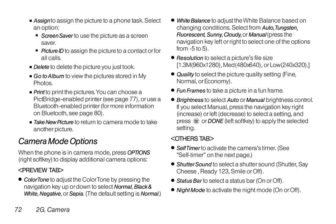 TOA Electronics LG LX290 Camera Mode Options, Press or Done left softkey to apply the selected setting, 72 2G. Camera 