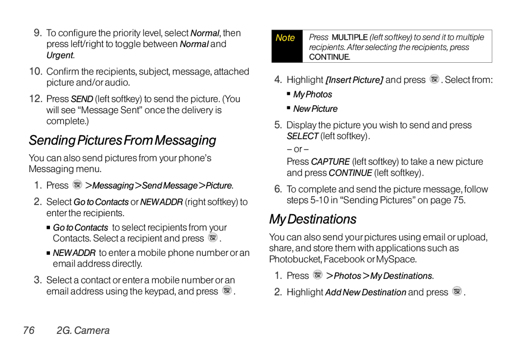 TOA Electronics LG LX290 manual Sending PicturesFrom Messaging, My Destinations, 76 2G. Camera 