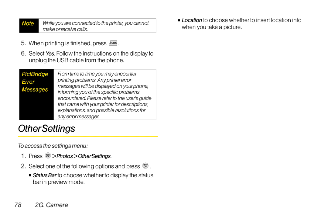 TOA Electronics LG LX290 manual OtherSettings, When printing is finished, press, To access the settings menu, 78 2G. Camera 