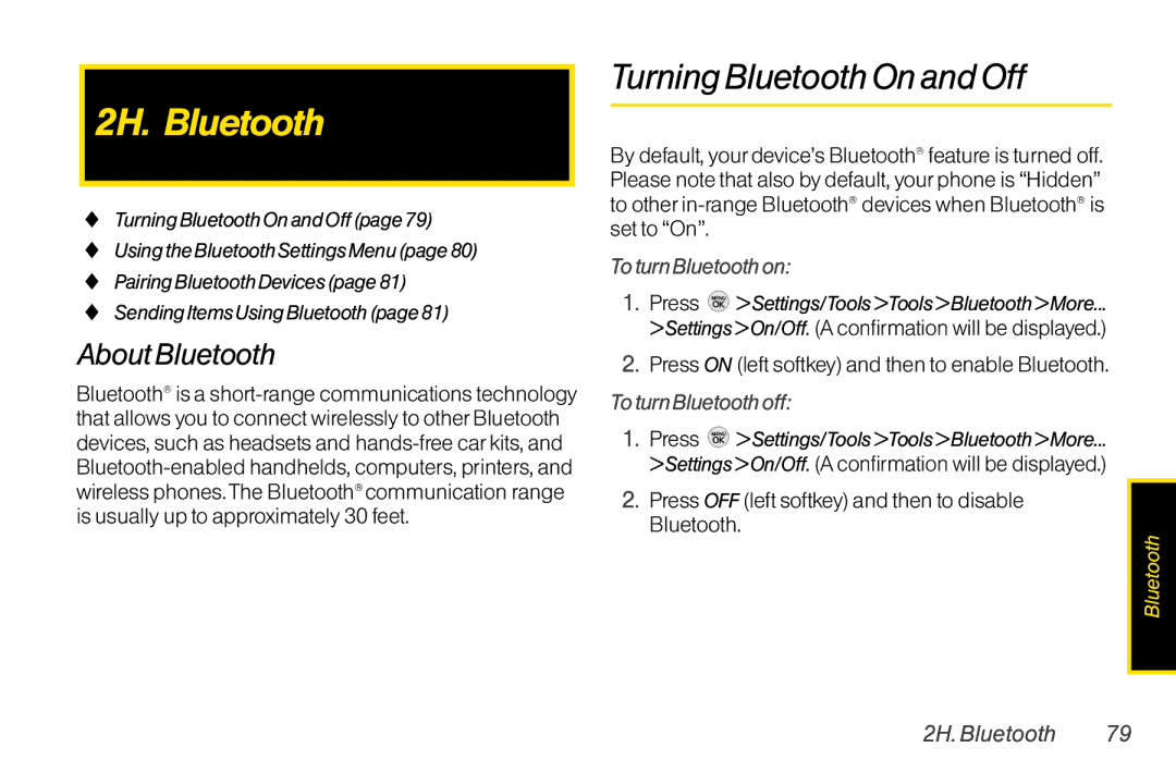 TOA Electronics LG LX290 manual 2H. Bluetooth, Turning Bluetooth On and Off, About Bluetooth 