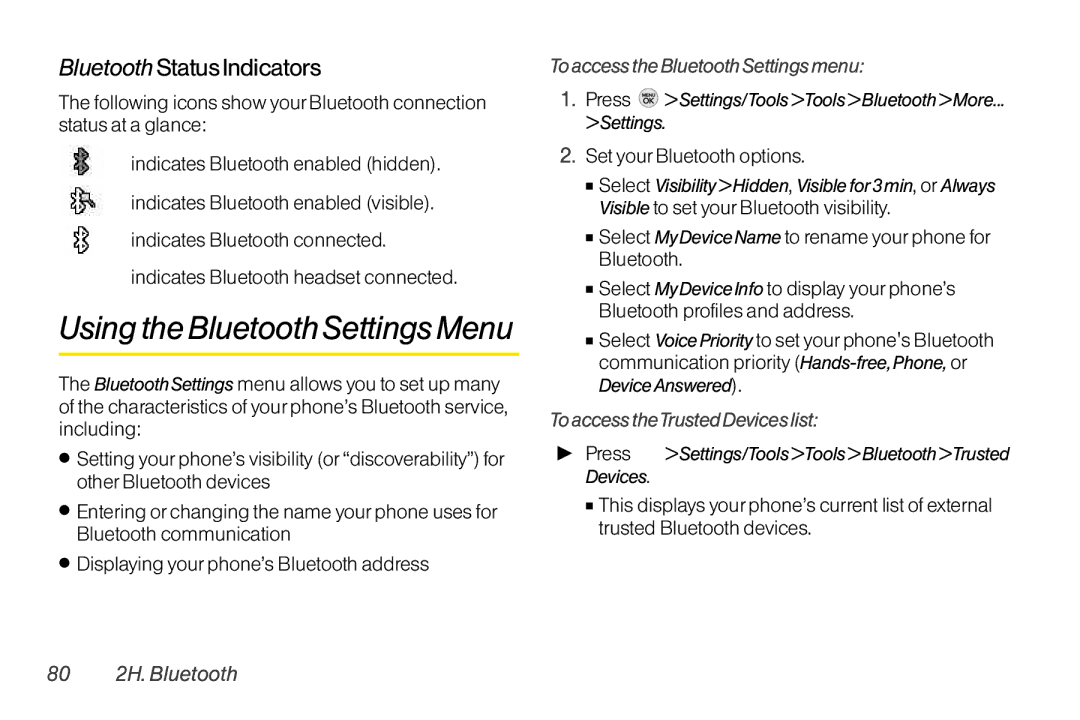 TOA Electronics LG LX290 Using the Bluetooth SettingsMenu, Bluetooth Status Indicators, To access theTrusted Devices list 