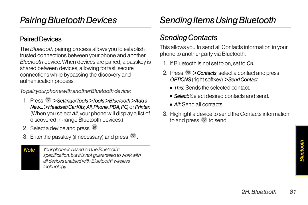 TOA Electronics LG LX290 manual PairingBluetooth Devices Sending ItemsUsing Bluetooth, SendingContacts, Paired Devices 