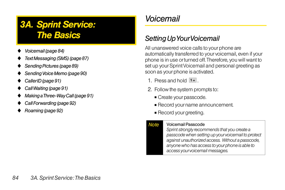 TOA Electronics LG LX290 manual 3A. Sprint Service Basics, Setting UpYourVoicemail, 84 3A. Sprint ServiceThe Basics 