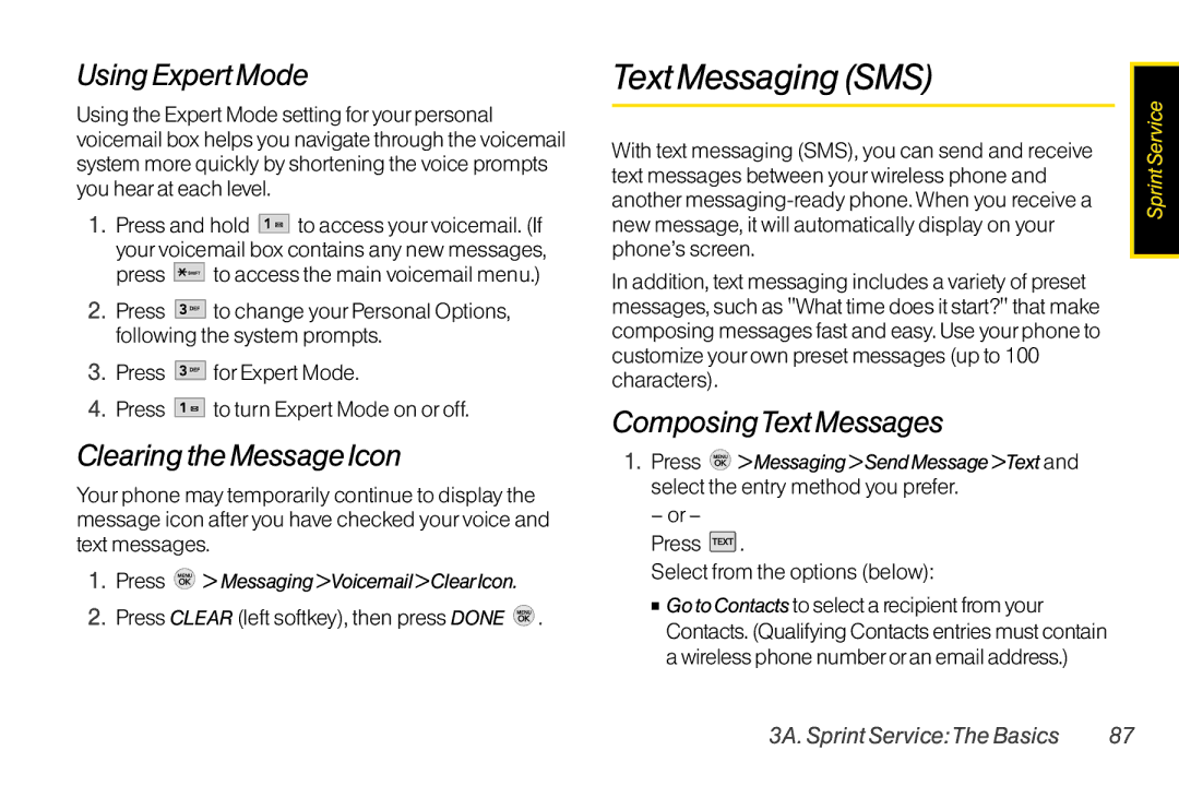 TOA Electronics LG LX290 manual Text MessagingSMS, Using Expert Mode, Clearing the Message Icon, ComposingText Messages 