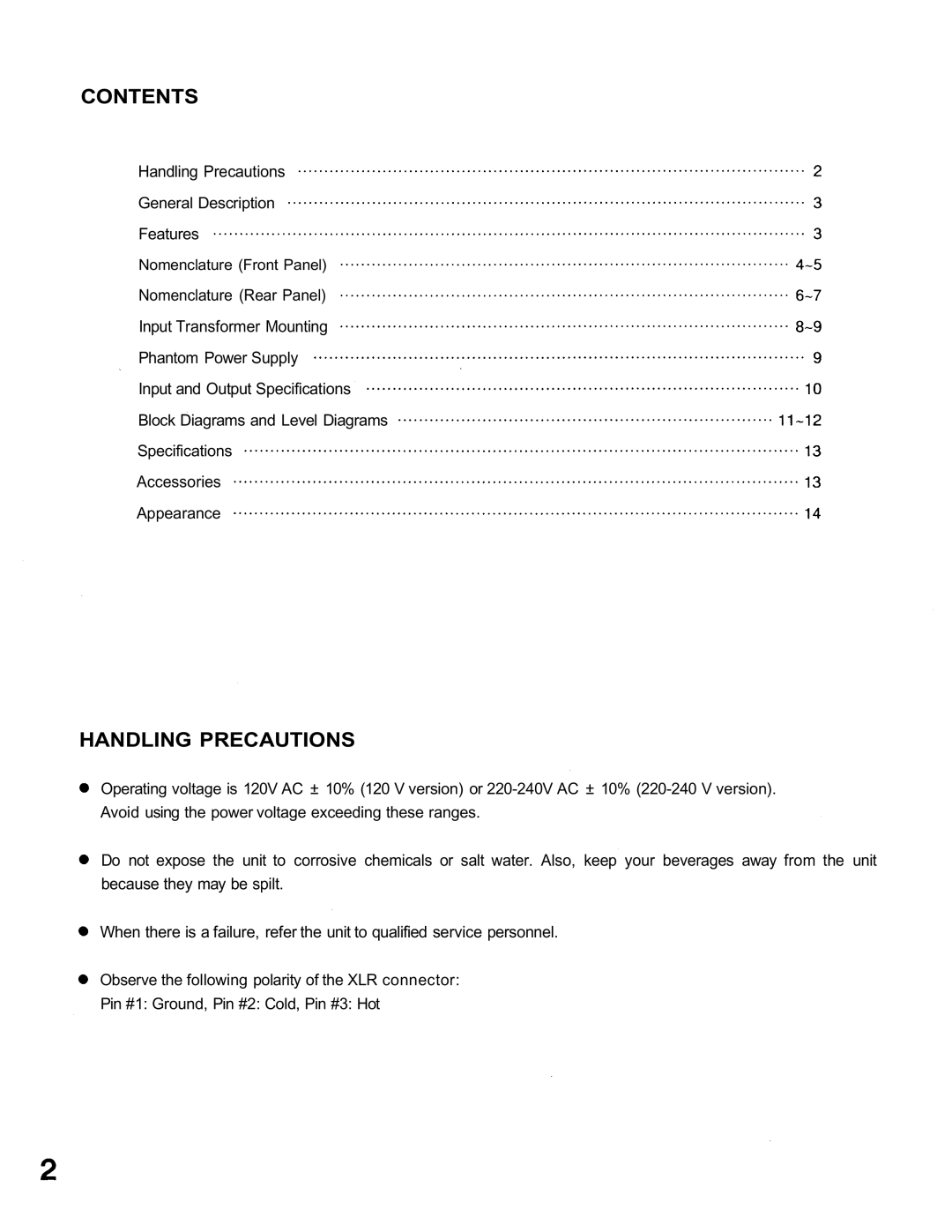 TOA Electronics M-1264 M-1212E operating instructions Contents, Handling Precautions 