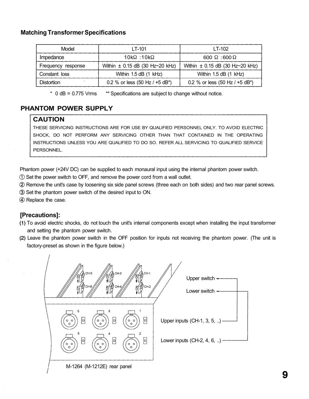 TOA Electronics M-1264 M-1212E operating instructions Matching Transformer Specifications, Phantom Power Supply 