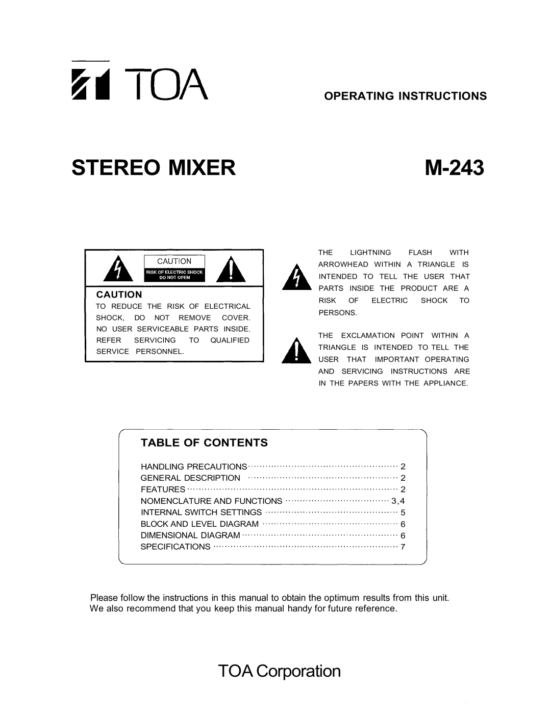 TOA Electronics M-243 operating instructions Stereo Mixer, Table of Contents 