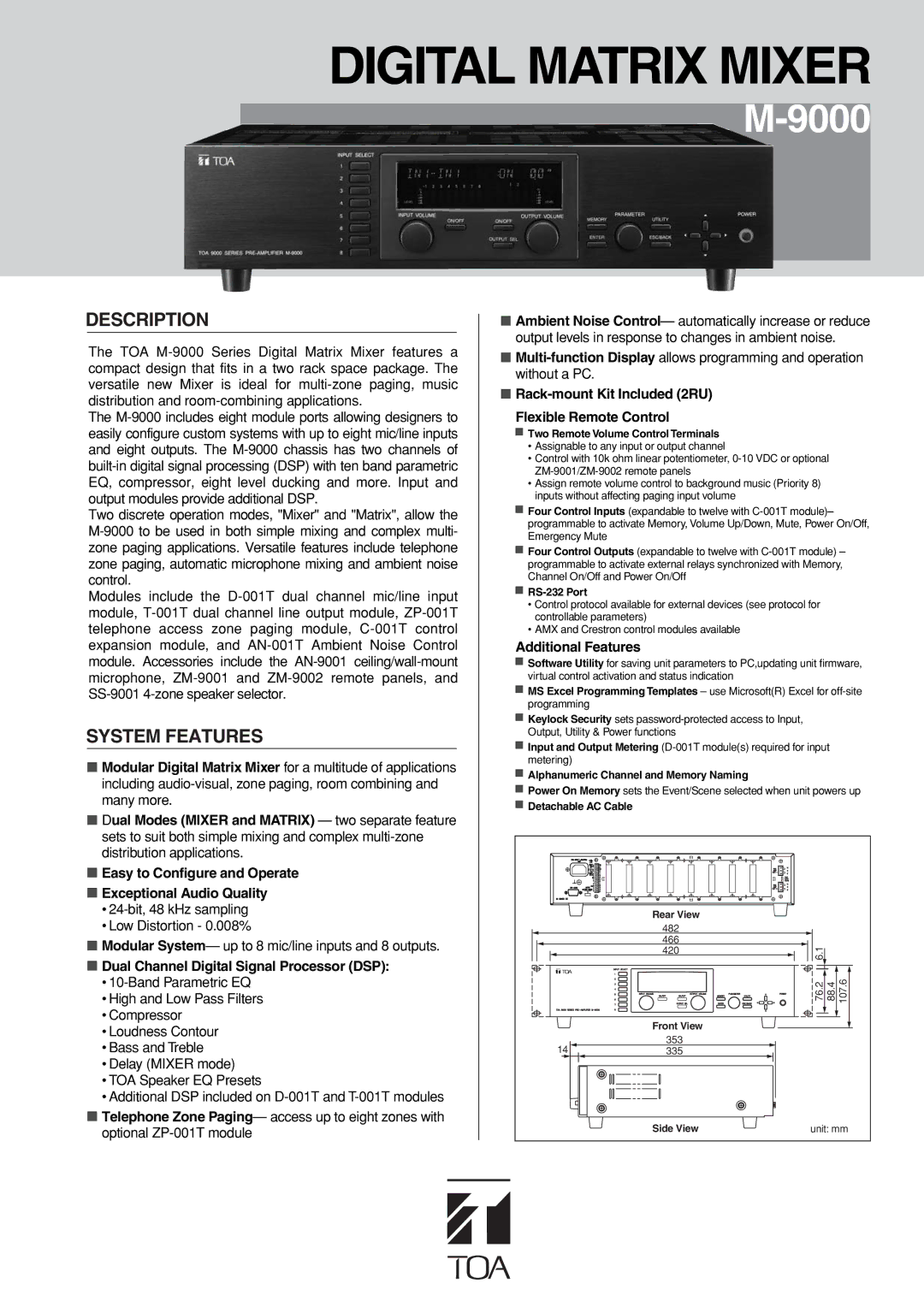 TOA Electronics M-9000 manual Rear View, Front View, Side View 