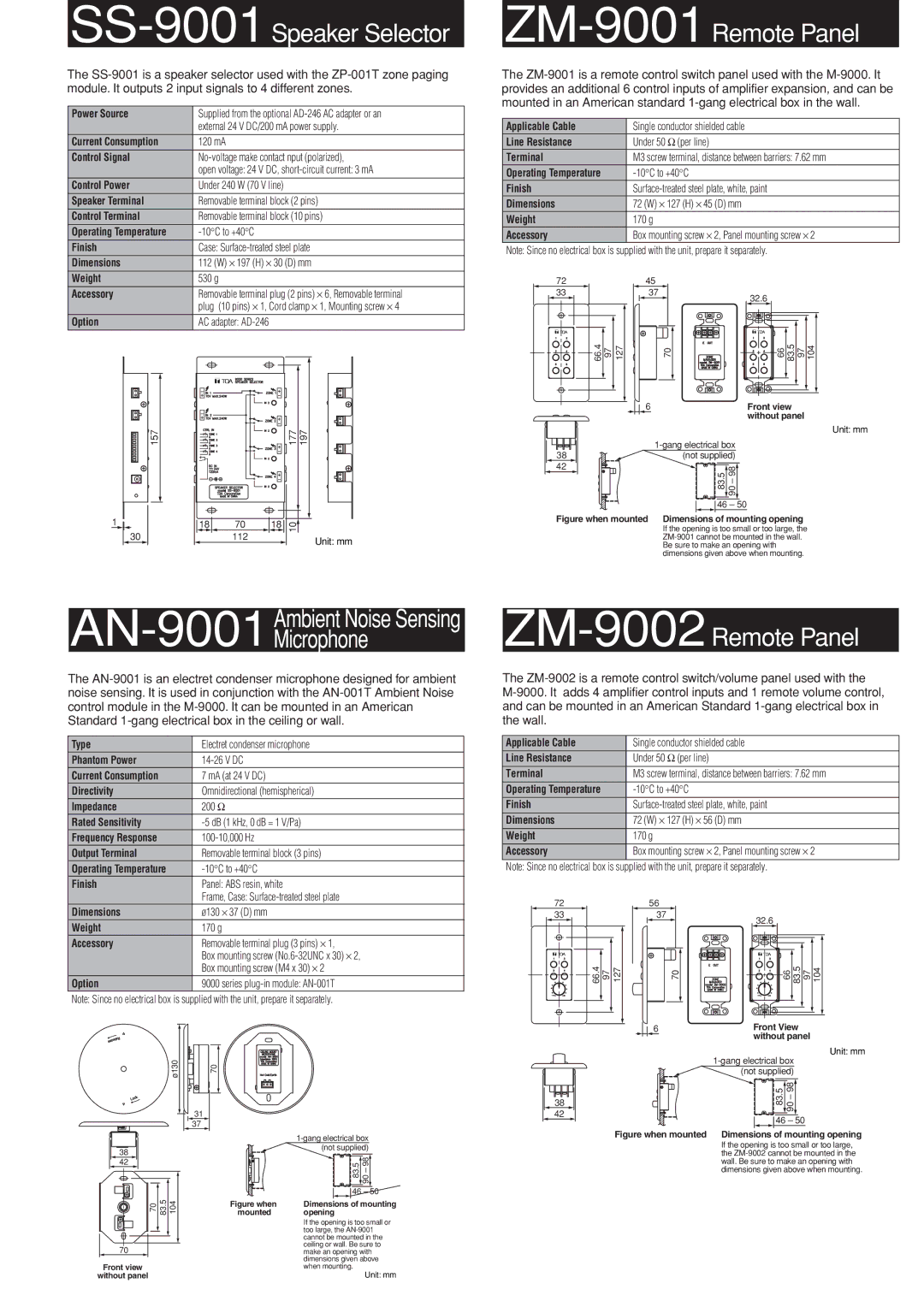 TOA Electronics M-9000 Current Consumption, Control Signal, Control Power, Speaker Terminal, Control Terminal, Dimensions 