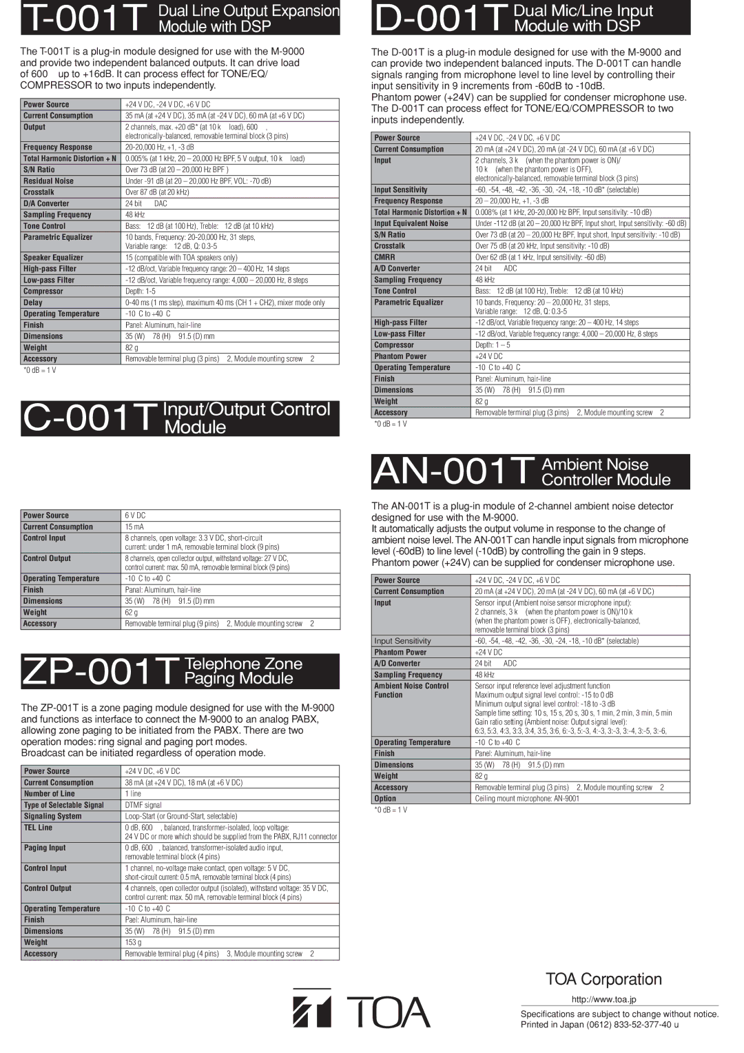 TOA Electronics M-9000 manual Specifications are subject to change without notice 