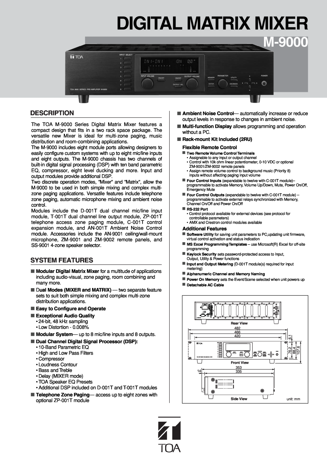 TOA Electronics M-9000 manual Digital Matrix Mixer, Description, System Features, Easy to Configure and Operate 