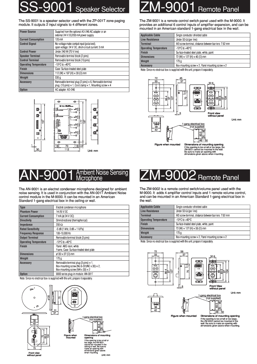 TOA Electronics M-9000 manual Ambient Noise Sensing, SS-9001 Speaker Selector, ZM-9001 Remote Panel, AN-9001Microphone 