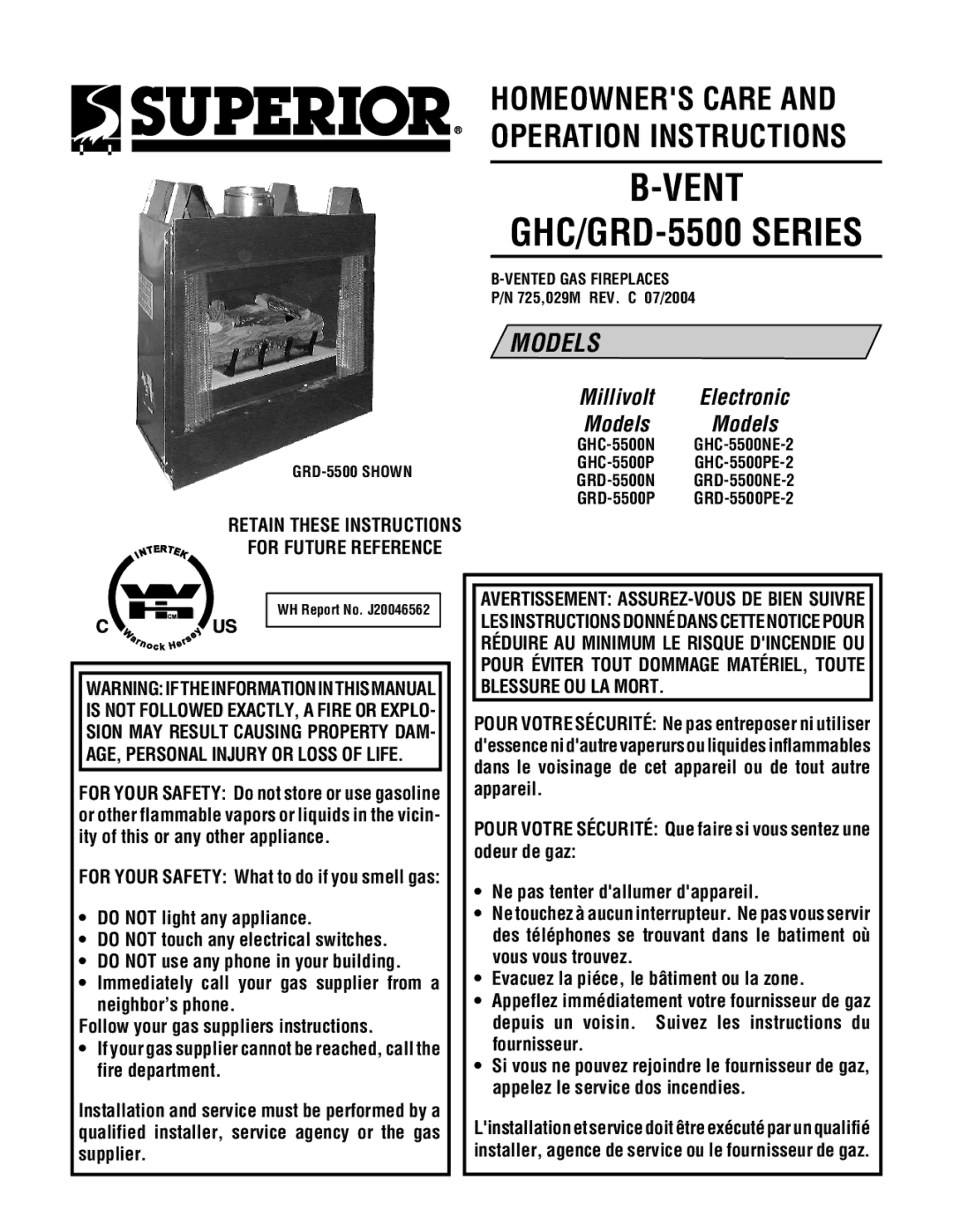 TOA Electronics P0055-DRG manual Retain These Instructions, Vented GAS Fireplaces, 725,029M REV. C 07/2004 