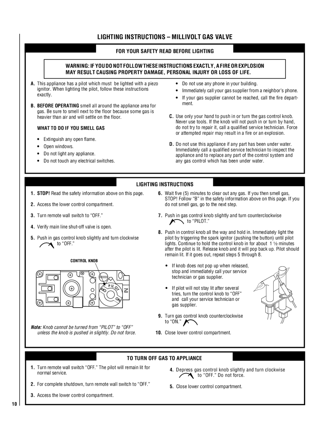 TOA Electronics P0055-DRG manual Lighting Instructions Millivolt GAS Valve, To Turn OFF GAS to Appliance 