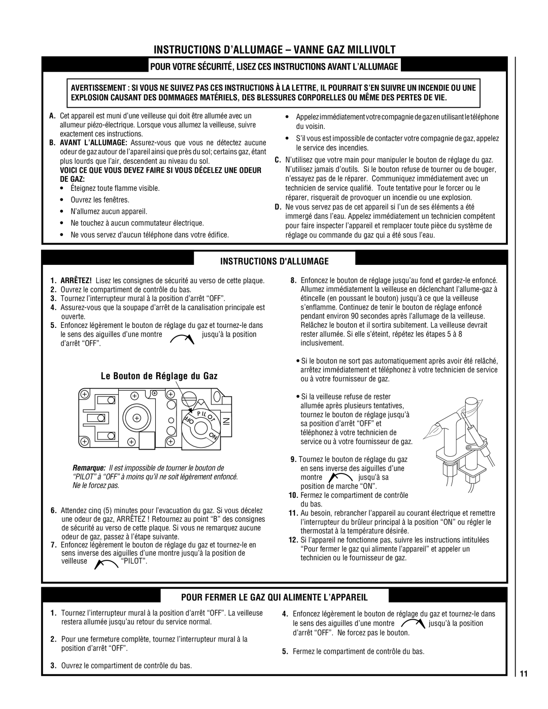 TOA Electronics P0055-DRG manual Instructions D’ALLUMAGE Vanne GAZ Millivolt, Instructions Dallumage 