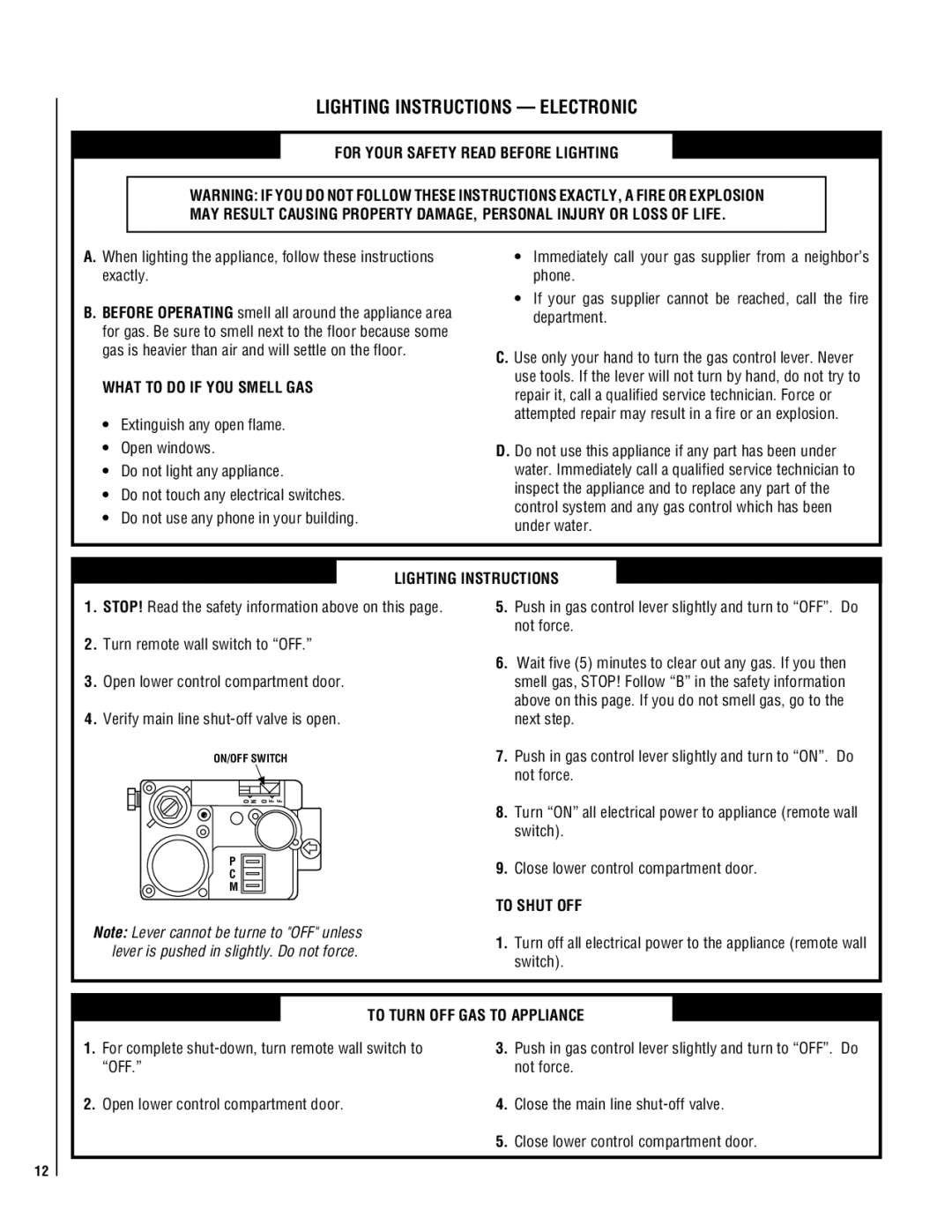 TOA Electronics P0055-DRG manual Lighting Instructions Electronic, What to do if YOU Smell GAS, To Shut OFF 