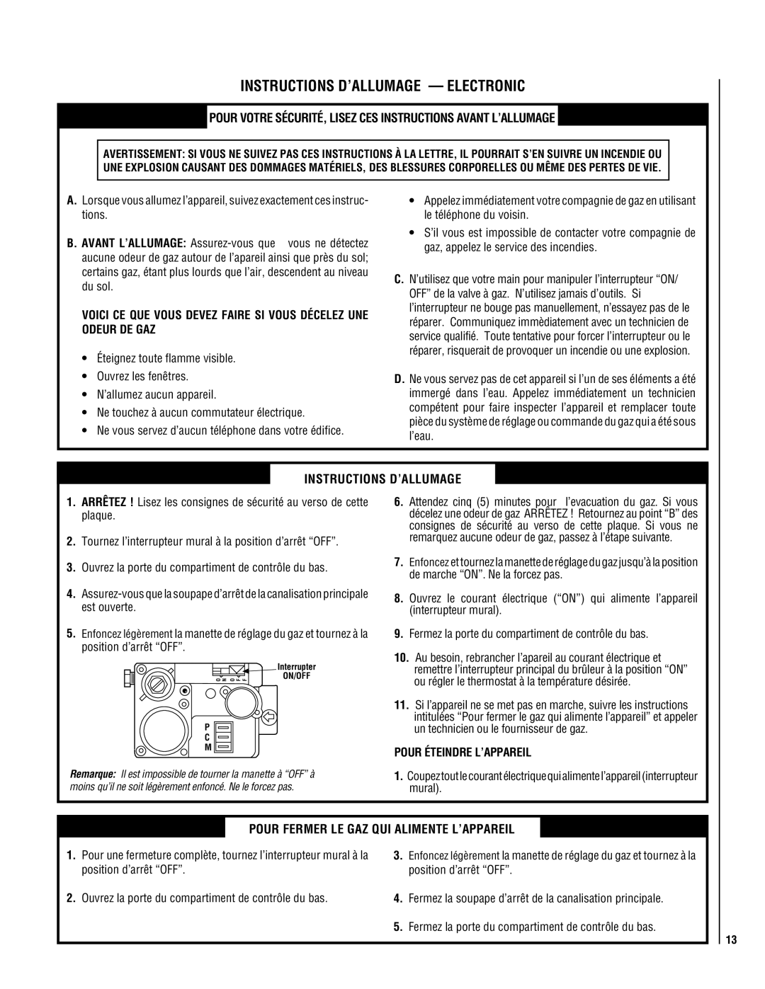 TOA Electronics P0055-DRG manual Fermez la porte du compartiment de contrôle du bas, Instructions D’ALLUMAGE Electronic 