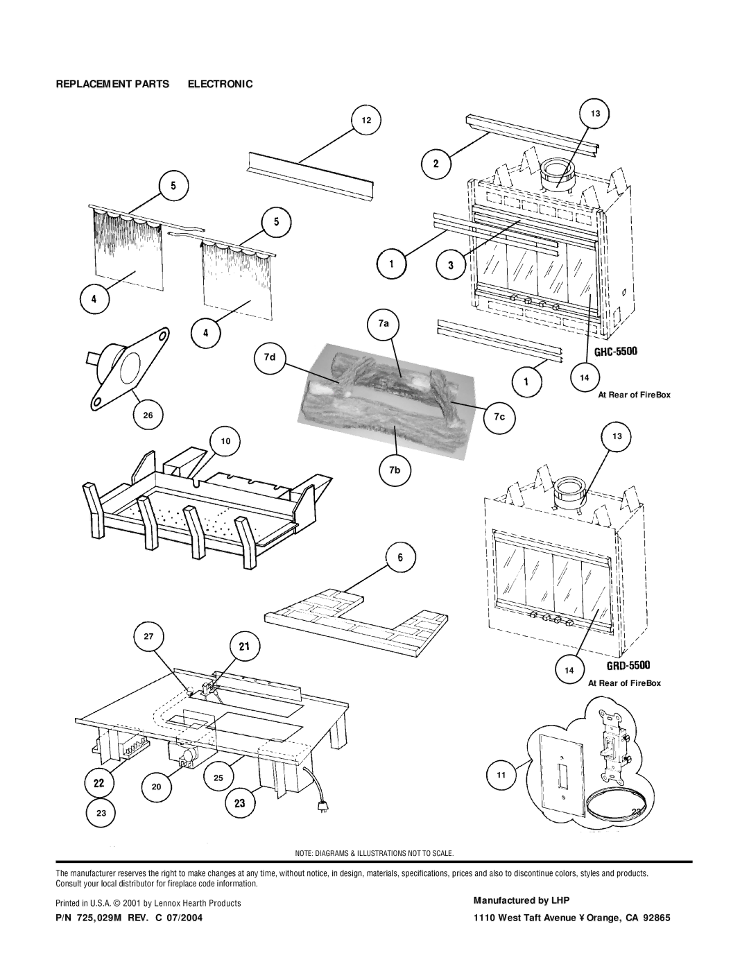 TOA Electronics P0055-DRG manual Replacement Parts Electronic, Manufactured by LHP 725,029M REV. C 07/2004 