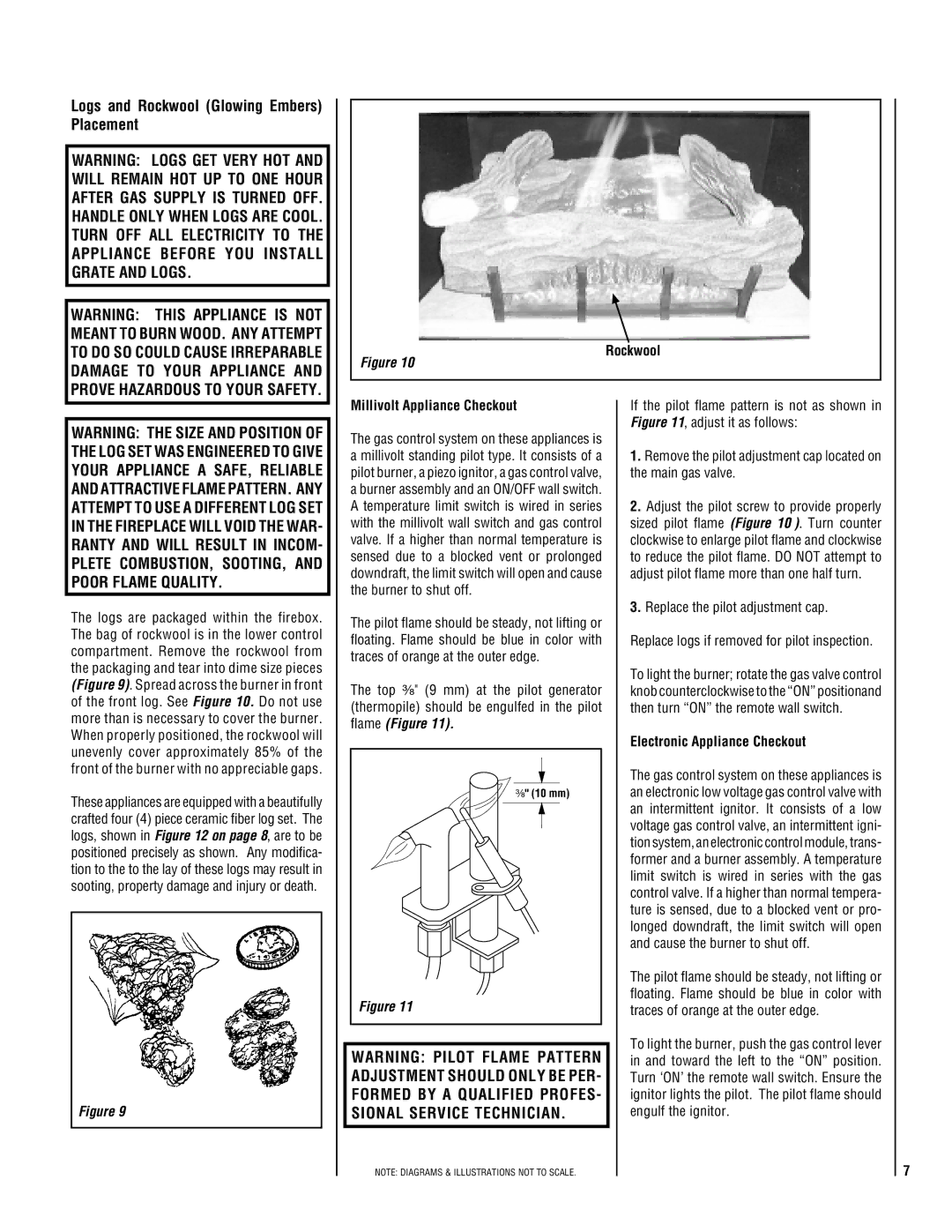 TOA Electronics P0055-DRG manual Logs and Rockwool Glowing Embers Placement, Millivolt Appliance Checkout 