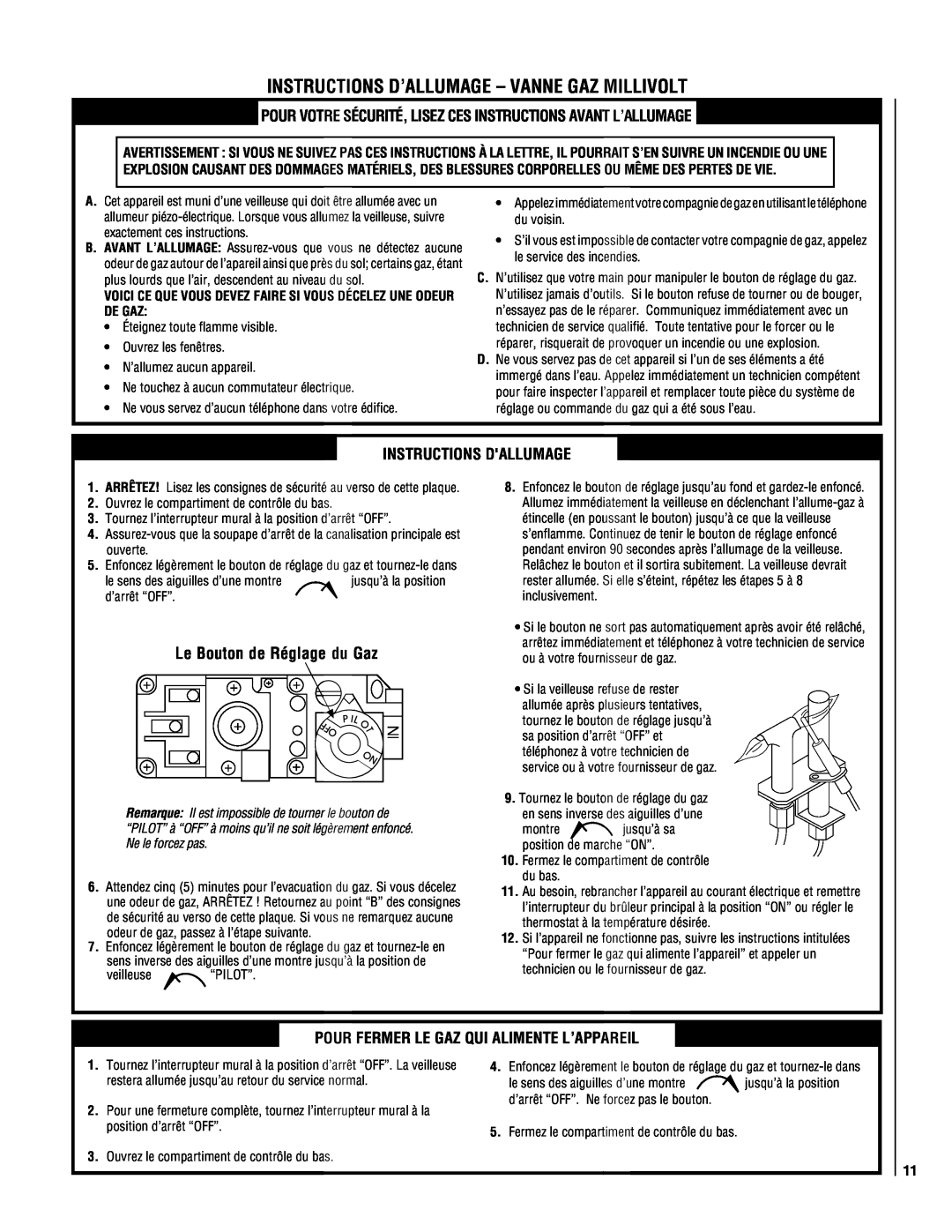 TOA Electronics P0055-DRG manual Instructions D’Allumage - Vanne Gaz Millivolt, Le Bouton de Réglage du Gaz 